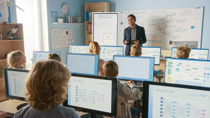 Poster - elementary school class: teacher uses interactive digital whiteboard, explains lesson to diverse gro
