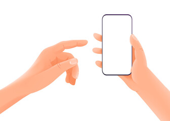 Poster - Smartphone in hands vector mockup isolated on white background. Layered editable vector clipart