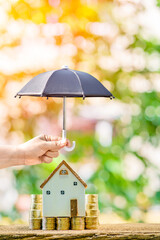 Woman hand hold open the black umbrella for protect the home model put on the many gold coin put on the wood in the public park, Loan or saving money for real estate and property protection concept.