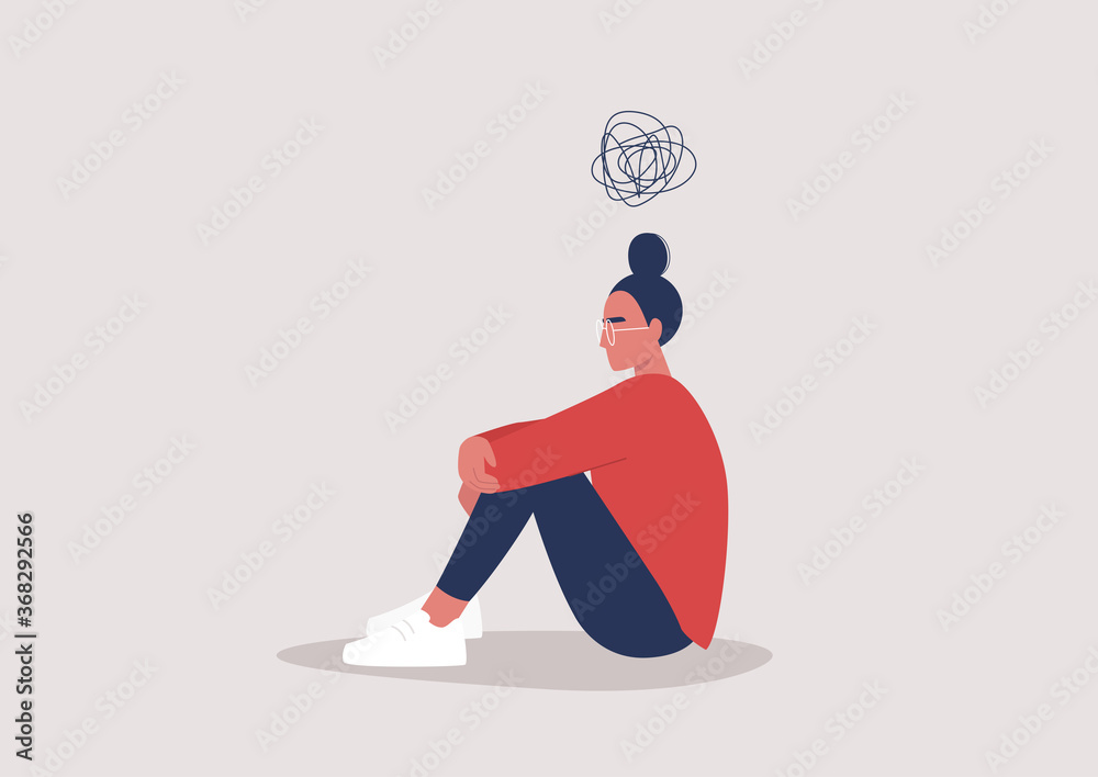 Young depressed female character sitting on the floor and holding their knees, a cartoon scribble above their head, mental health issues - obrazy, fototapety, plakaty 