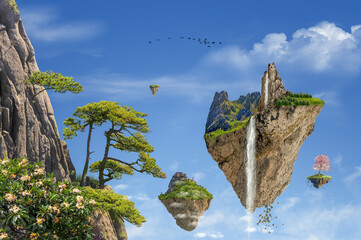 Wall Mural - Fantasy landscape with floating islands in a beautiful day.
