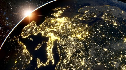 Poster - realistic night Italy from space, Venice from space, night Sicily from space, central Europe at night, night Rome from satellite 3D render