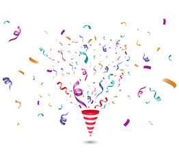 Colorful confetti on a white background. Festive cheerful vector background. Cone with confetti.