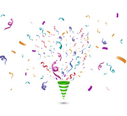 Poster - Colorful confetti on a white background. Festive cheerful vector background. Cone with confetti.