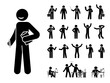 Stick figure business man standing in different poses design vector icon set. Happy, sad, surprised, amazed, angry face. Sitting, celebrating, writing stickman male person on white