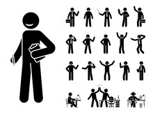 Stick Figure Business Man Standing In Different Poses Design Vector Icon Set. Happy, Sad, Surprised, Amazed, Angry Face. Sitting, Celebrating, Writing Stickman Male Person On White