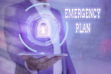 Handwriting text Emergency Plan. Conceptual photo actions to be conducted in a certain order or manner Graphics padlock for web data information security application system