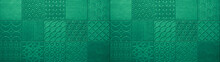 Dark Green Turquoise Vintage Retro Geometric Square Mosaic Motif Cement Tiles Texture Background Banner Panorama