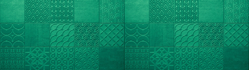 Aufkleber - Dark green turquoise vintage retro geometric square mosaic motif cement tiles texture background banner panorama