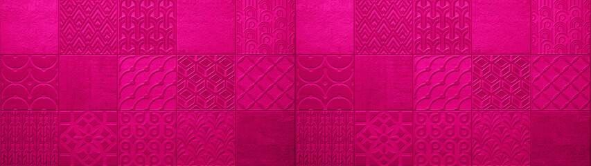 Aufkleber - Dark pink magenta abstract vintage retro geometric square mosaic motif cement tiles texture background banner panorama