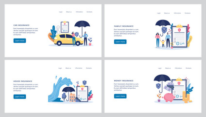 Set insurance web banners of various actuarial types flat vector illustration.