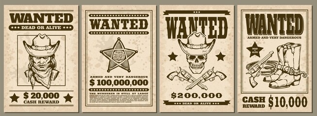 set of vintage western cowboy style wanted posters sketch vector illustration.