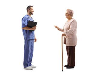 Poster - Male healthcare worker and an elderly woman with a walking cane talking