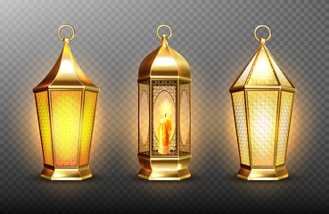 Vintage gold arabic lanterns with glowing candles. Vector realistic set of hanging luminous lamps with golden arabian ornament. Islamic shining fanous isolated on transparent background