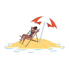 Poster - young afro woman relaxing on the beach seated in chair and umbrella