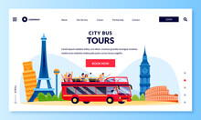 City Bus Tour In Double Decker, Banner Poster Design Template. Vector Flat Cartoon Illustration Of Tourists On Excursion