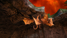 3d Illustration Of Two Dragons Fighting In Mid Air Inside A Cavern With A Red Starry Night Above.