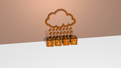 Fototapete - 3D representation of rain with icon on the wall and text arranged by metallic cubic letters on a mirror floor for concept meaning and slideshow presentation. background and illustration