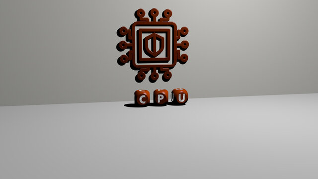 3D illustration of cpu graphics and text made by metallic dice letters for the related meanings of the concept and presentations. computer and background
