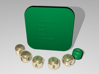 Fototapete - 3D illustration of search graphics and text around the icon made by metallic dice letters for the related meanings of the concept and presentations. business and background