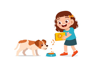 Canvas Print - happy cute little kid boy girl play with pet dog