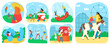 © creativeteam - Amusement park for kids fun and recreation, attractions set of vector illustrations. Children ride on carousels, girls and boys jumping on trampoline, eating ice cream ride horse in amusement park.