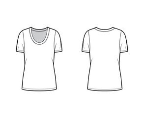 Canvas Print - Scoop neck jersey t-shirt technical fashion illustration with short sleeves, oversized body, tunic length. Flat apparel template front back, white color. Women, men, unisex outfit top CAD mockup