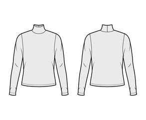 Turtleneck jersey sweater technical fashion illustration with long sleeves, oversized body. Flat outwear apparel template front back grey color. Women men unisex shirt top CAD mockup