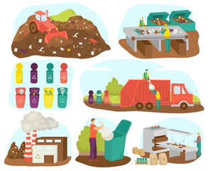 Wall Mural - Waste garbage sorting and recycling set of vector illustration. Ecology, materials and factory. Waste management and recycle concept. Separation of waste into garbage bins. Colored garbage cans, bins.