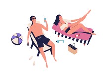 People, Romantic Couple Sunbathing On Beach. Woman Spreading Sun Protection Cream, Lotion. Man Siping Cocktail. Summer Vacation, Chill, Lounge. Cartoon Flat Illustration Isolated On White Background