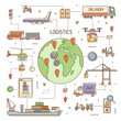 © Good Studio - Logistics concept with freight vehicles, transport deliver trade goods. Cargo transportation, international delivery, worldwide, global shipping. Colored vector illustration in modern line art style