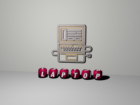 3D illustration of laptop graphics and text made by metallic dice letters for the related meanings of the concept and presentations. computer and business