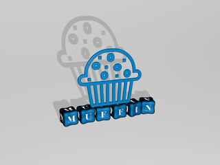 Fototapete - 3D representation of MUFFIN with icon on the wall and text arranged by metallic cubic letters on a mirror floor for concept meaning and slideshow presentation. cake and background
