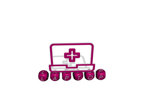 3D illustration of laptop graphics and text made by metallic dice letters for the related meanings of the concept and presentations. computer and business