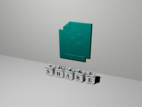 3D illustration of SHARE graphics and text made by metallic dice letters for the related meanings of the concept and presentations. business and icon