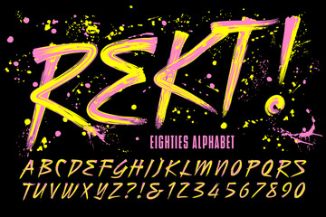 Rekt! is an 80s Grunge Paint Brush Alphabet with Bright Day-Glow Colors; This Font Includes a Layer of Paint Drips for a Retro Urban Effect. The Word 