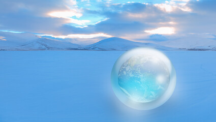 Aufkleber - Global warming concept - Crystall ball on the snow with Glass Globe (Planet Earth) 