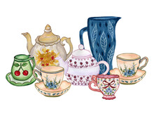 Watercolor Ceramic Porcelien Dishware Teapot Teacup Dishware  Elegance Party Element Arrangement For Invitation Card, Web Banner, Print Paper Wrapping