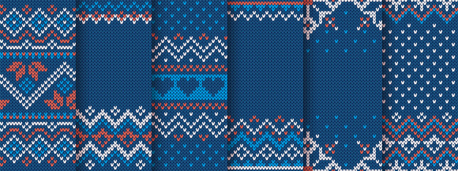 Wall Mural - Knit print. Christmas seamless pattern. Vector. Blue knitted sweater texture. Set Xmas winter geometric background. Holiday fair isle traditional ornaments. Wool pullover illustration. Festive crochet