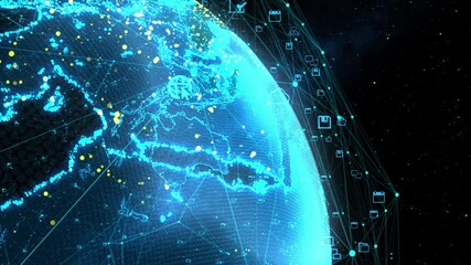 Poster - Global International Connectivity Background/Connection lines Around Earth Globe, Motion of digital data flow. Futuristic Technology Theme Background with Light Effect. 3D Rendering