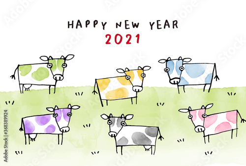 丑年 21年 カラフルな乳牛の手描き年賀状イラスト Stock Vector Adobe Stock