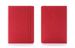 Lush lava red colour leather fabric hardcover notebook with elastic band. Front & back view with notebook closed. Isolated on white background. For mockup, branding & advertising.