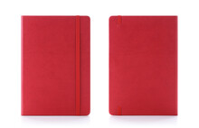 Lush Lava Red Colour Leather Fabric Hardcover Notebook With Elastic Band. Front & Back View With Notebook Closed. Isolated On White Background. For Mockup, Branding & Advertising.