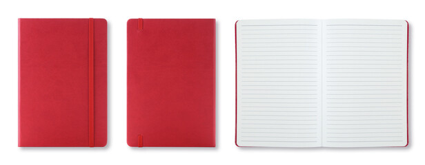 Red colour leather fabric hardcover notebook with elastic band. Top view with notebook closed & open. Line sheet. Isolated on white background. For mockup, branding & advertising.