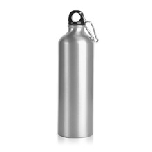 Blank Silver Stainless Steel Bottle For Mock Up. Clear Aluminium Outdoor Hiking Tumbler For Template. Empty Water Bottle With Cap & Handle For Branding Isolated On White Background. Photography Shoot.