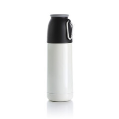 Wall Mural - Blank White Aluminium Glossy Metal Water Bottle with Black Cap and Carry Handle Isolated on White Background. For Hot & Cold Beverages. Design Template for Mock-up, Branding, Advertise. Studio Shoot.