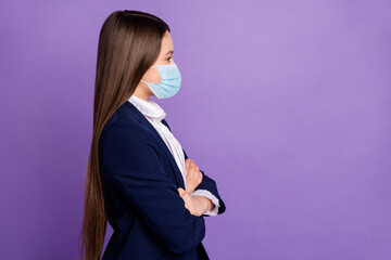 Sticker - Profile side view portrait of content diligent long-haired girl folded arms healthy life wearing safety gauze mask mers cov copy space isolated bright vivid shine vibrant lilac violet color background