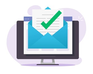 Approved email message check mark notice in document online on desktop computer or digital mail letter success confirmed application icon flat, concept of subscription newsletter or verified doc