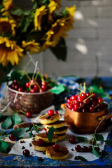 Wall Mural - Pancakes with cherry.style rustic .selective focus