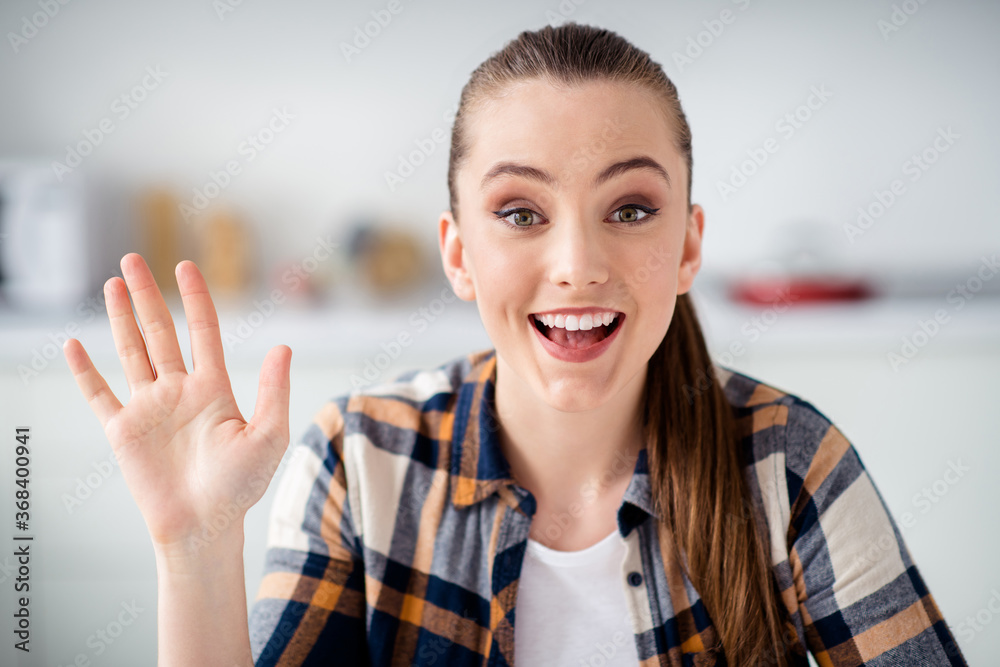 Closeup photo of cheerful lady student meeting video call online lesson conference study concept good mood webcam conversation say hi participants social distance quarantine indoors - obrazy, fototapety, plakaty 